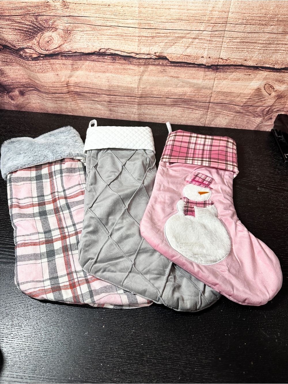 Furry, Fuzzy Pink And Grey Soft Plush Large Mantle Plaid Stockings